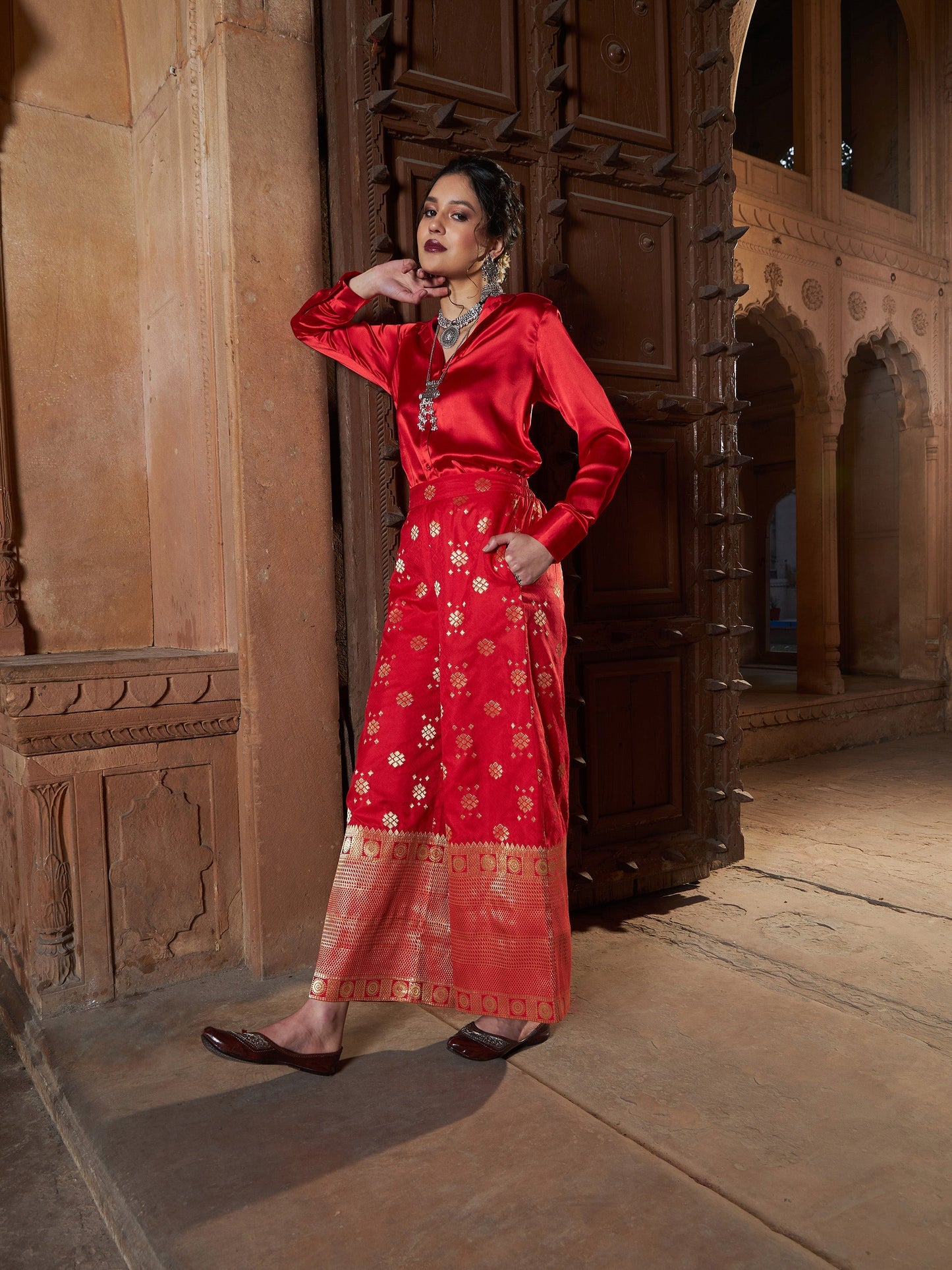 Women's Red Satin Shirt With Brocade Palazzos