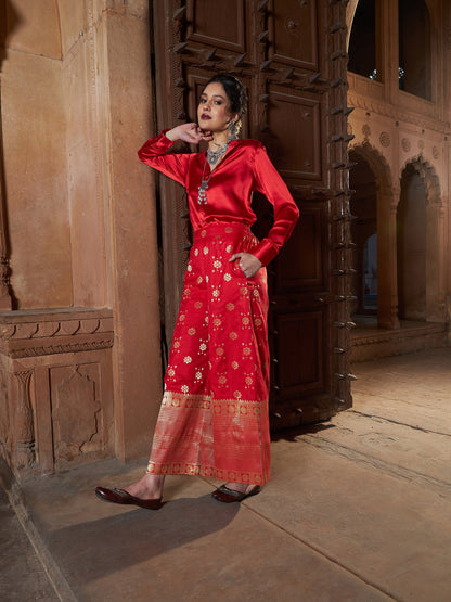Women's Red Satin Shirt With Brocade Palazzos