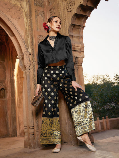 Women's Black Crop Satin Shirt With Brocade Palazzos
