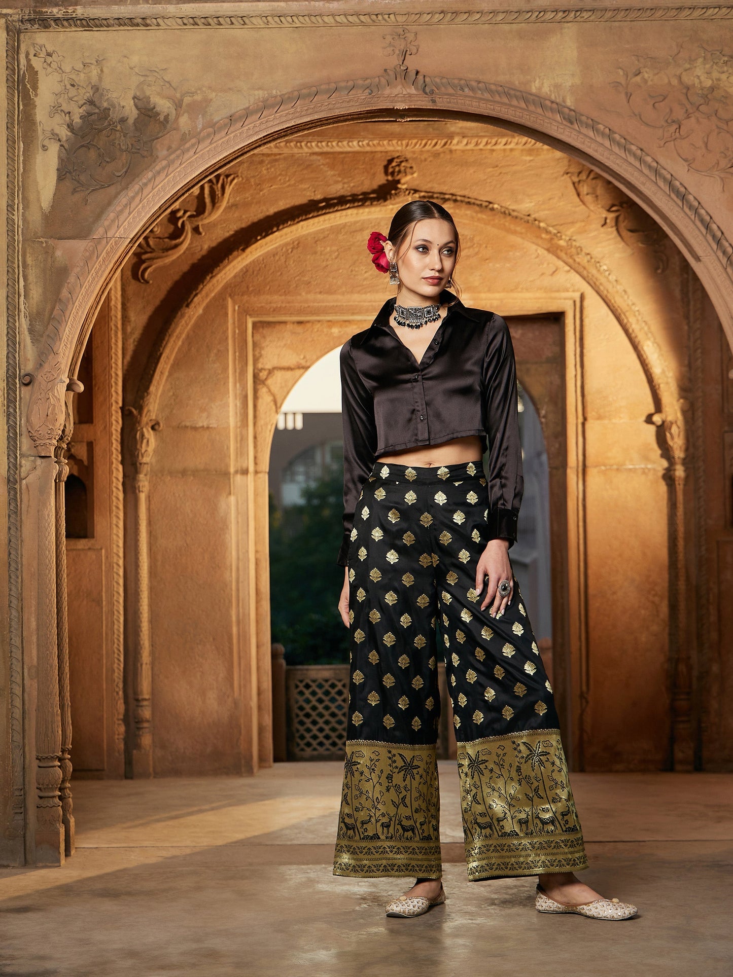 Women's Black Crop Satin Shirt With Brocade Palazzos