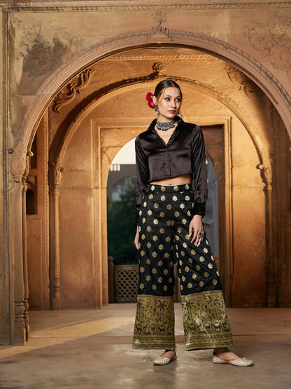 Women's Black Crop Satin Shirt With Brocade Palazzos
