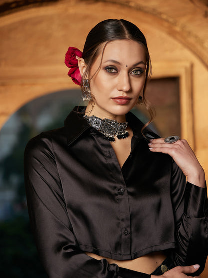 Women's Black Crop Satin Shirt With Brocade Palazzos