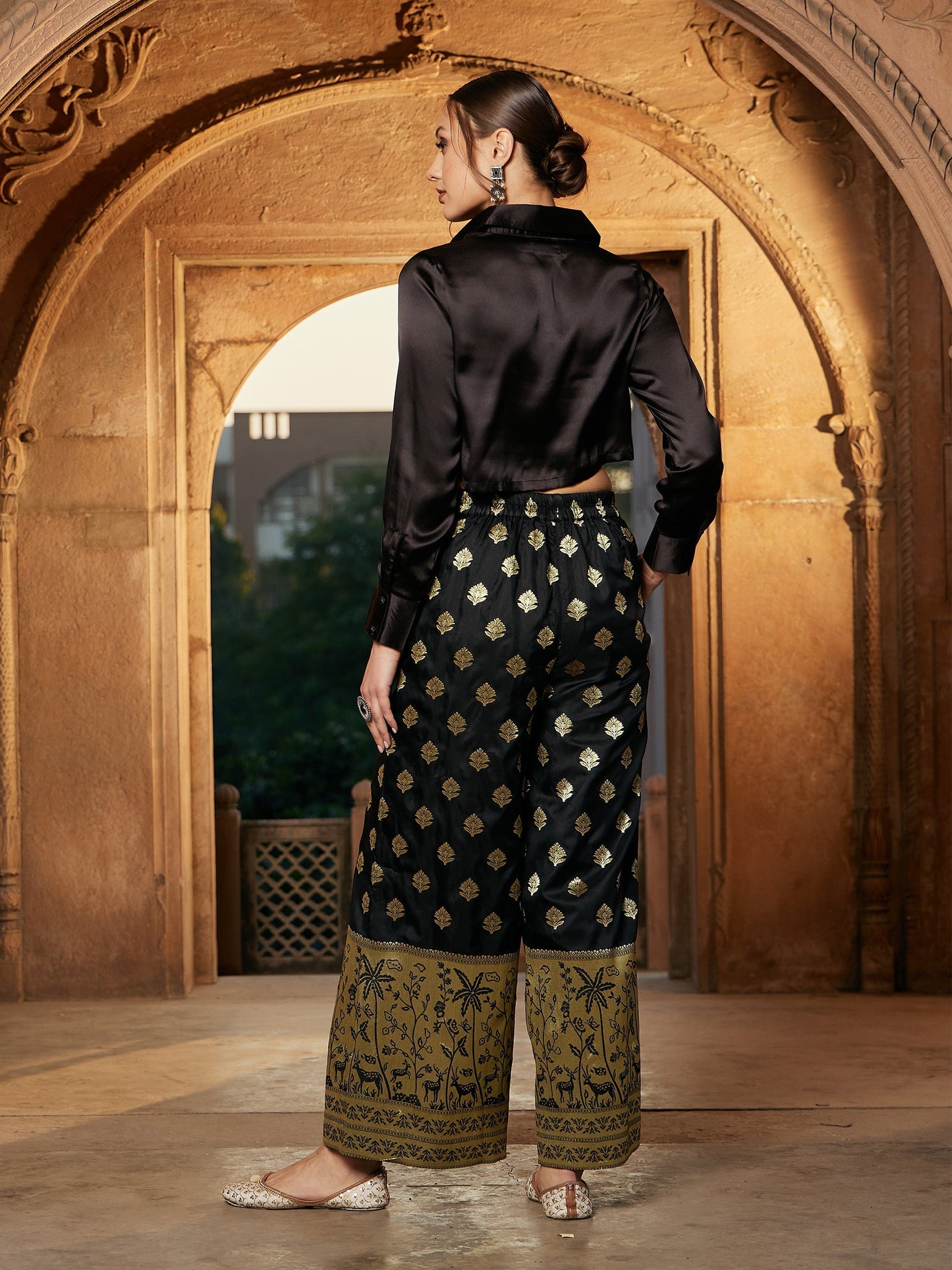 Women's Black Crop Satin Shirt With Brocade Palazzos