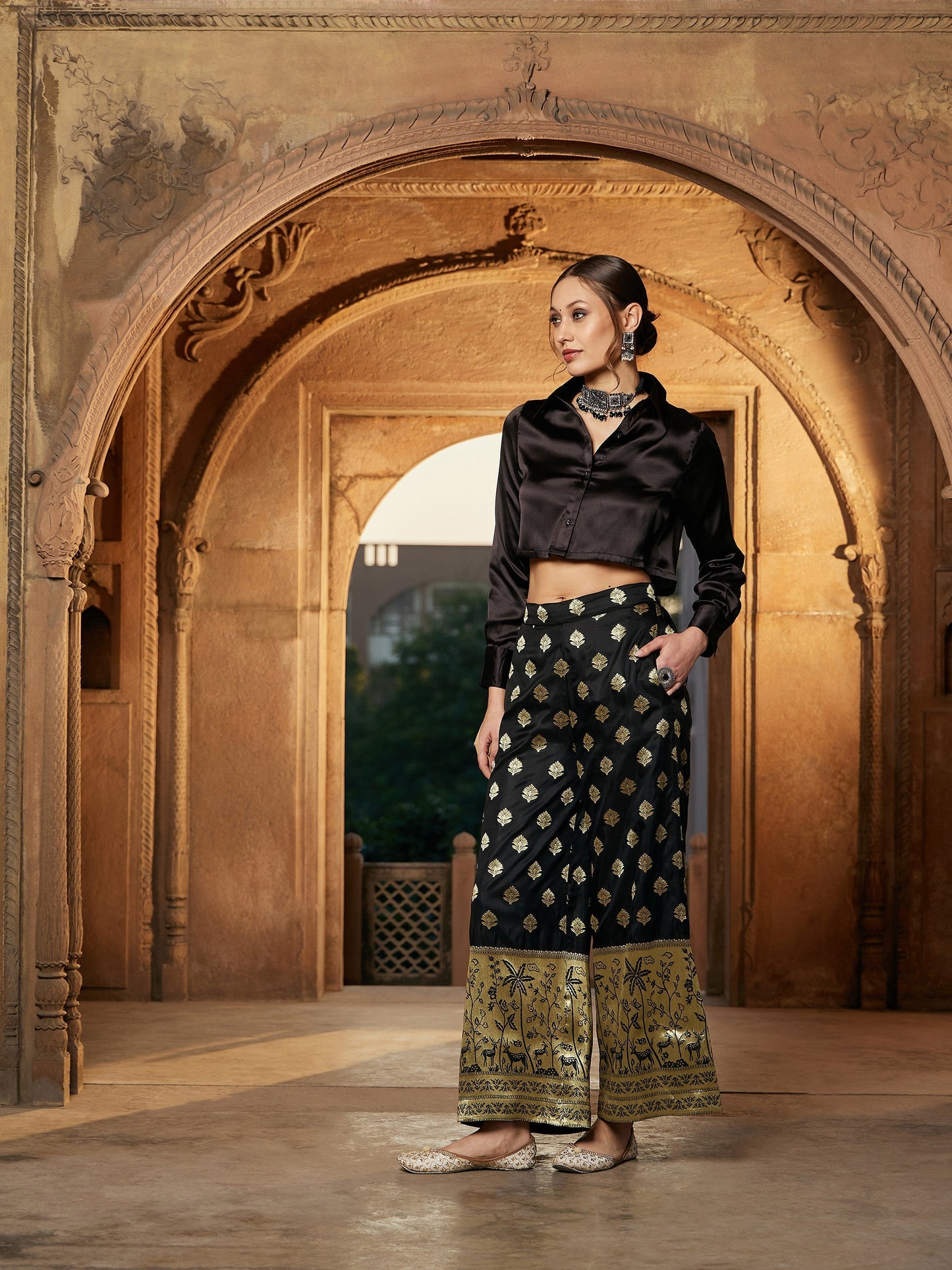 Women's Black Crop Satin Shirt With Brocade Palazzos