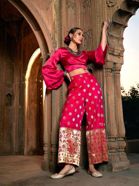 Women's Fuchsia Satin Wrap Crop Top With Brocade Palazzos
