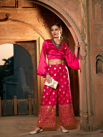 Women's Fuchsia Satin Wrap Crop Top With Brocade Palazzos