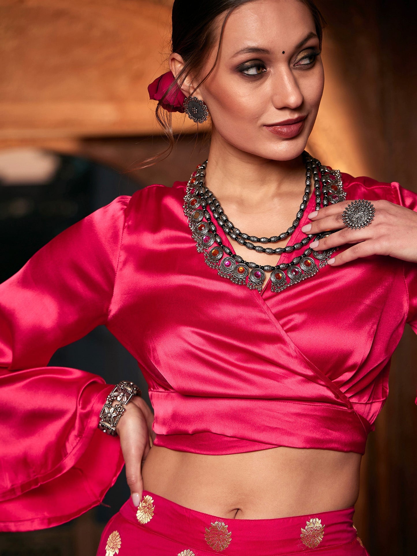 Women's Fuchsia Satin Wrap Crop Top With Brocade Palazzos