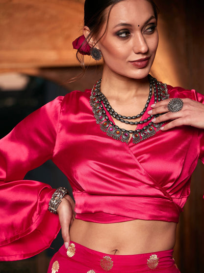 Women's Fuchsia Satin Wrap Crop Top With Brocade Palazzos
