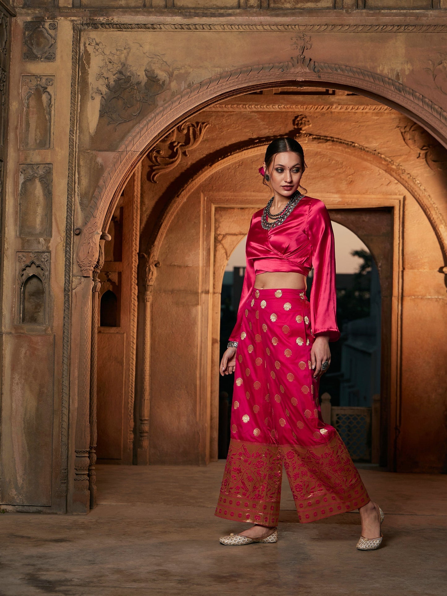 Women's Fuchsia Satin Wrap Crop Top With Brocade Palazzos
