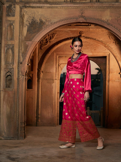 Women's Fuchsia Satin Wrap Crop Top With Brocade Palazzos