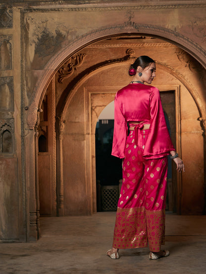 Women's Fuchsia Satin Wrap Crop Top With Brocade Palazzos