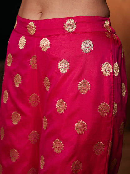 Women's Fuchsia Satin Wrap Crop Top With Brocade Palazzos