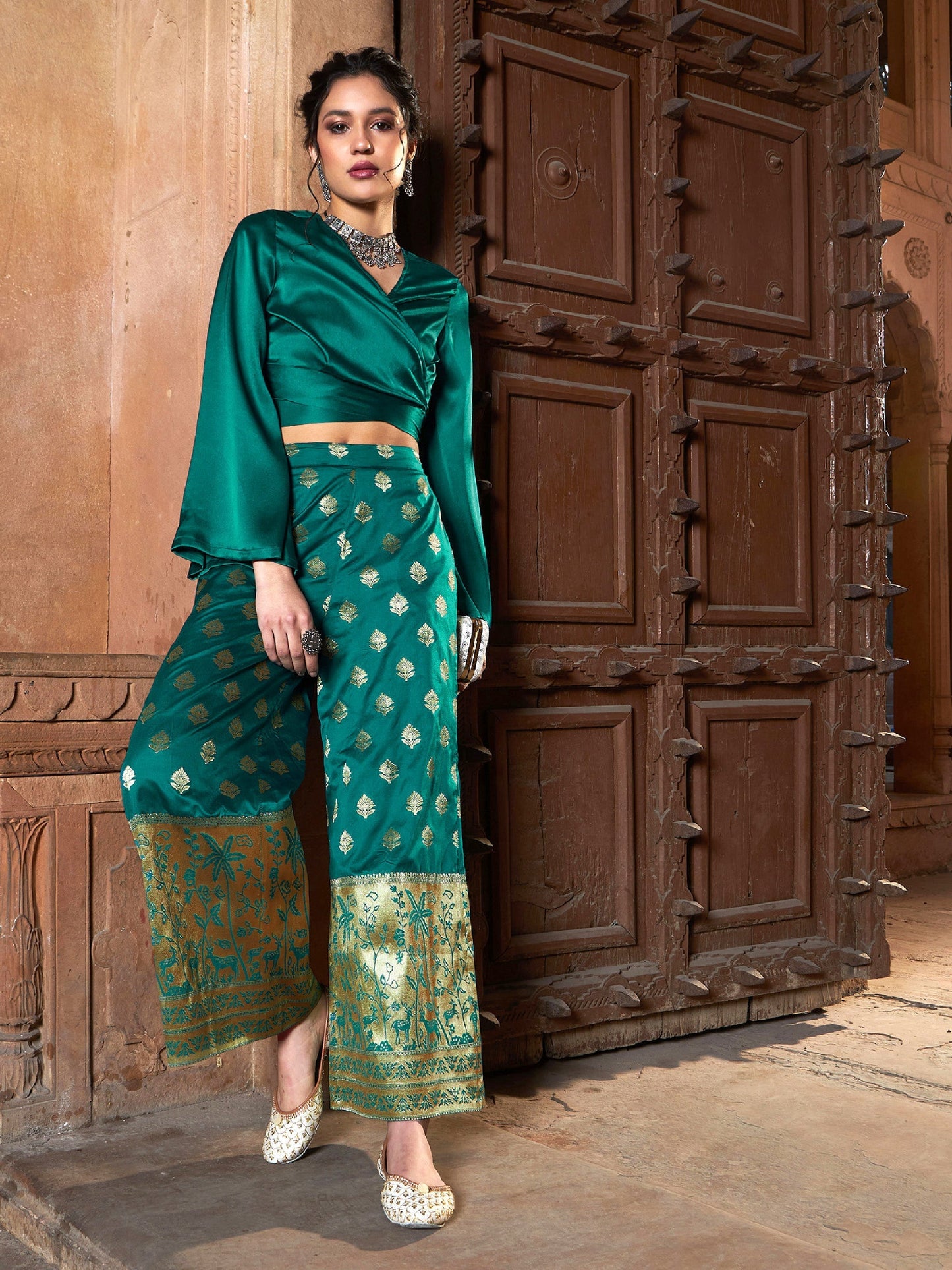 Women's Teal Satin Wrap Crop Top With Brocade Palazzos