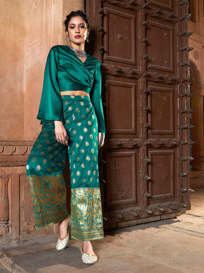Women's Teal Satin Wrap Crop Top With Brocade Palazzos