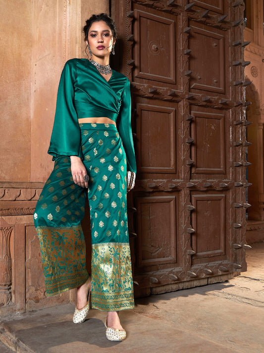 Women's Teal Satin Wrap Crop Top With Brocade Palazzos