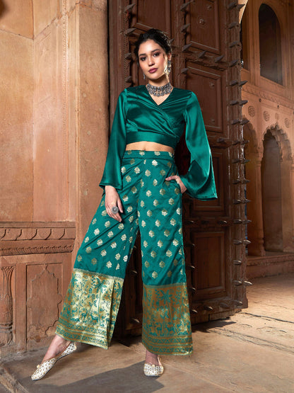 Women's Teal Satin Wrap Crop Top With Brocade Palazzos