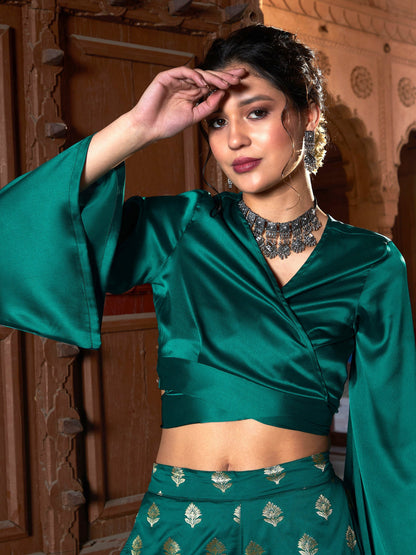 Women's Teal Satin Wrap Crop Top With Brocade Palazzos