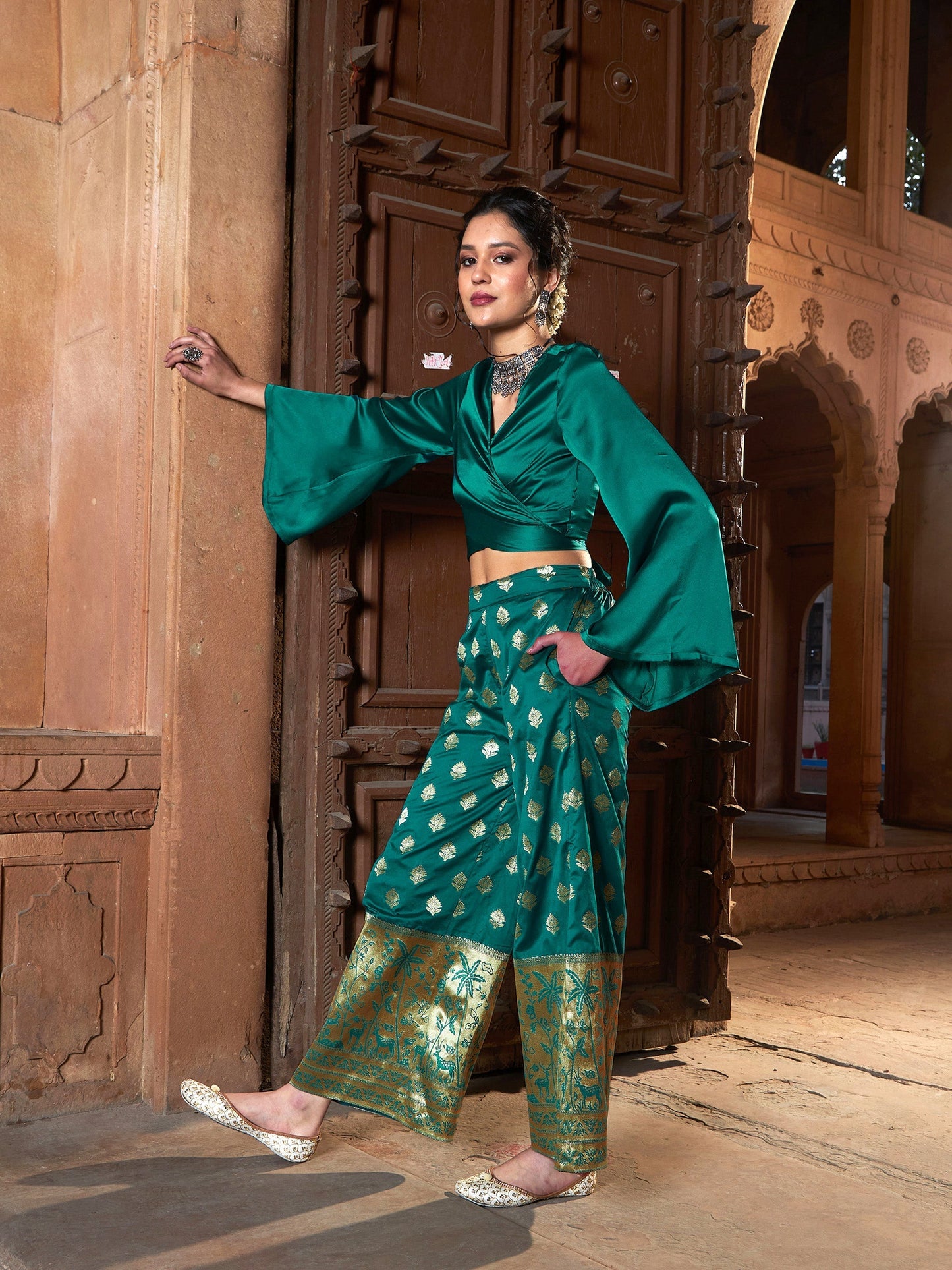 Women's Teal Satin Wrap Crop Top With Brocade Palazzos