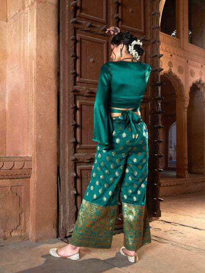 Women's Teal Satin Wrap Crop Top With Brocade Palazzos