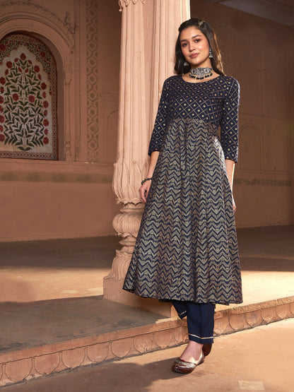 Women's Navy Chevron Foil Anarkali Kurta With Pants