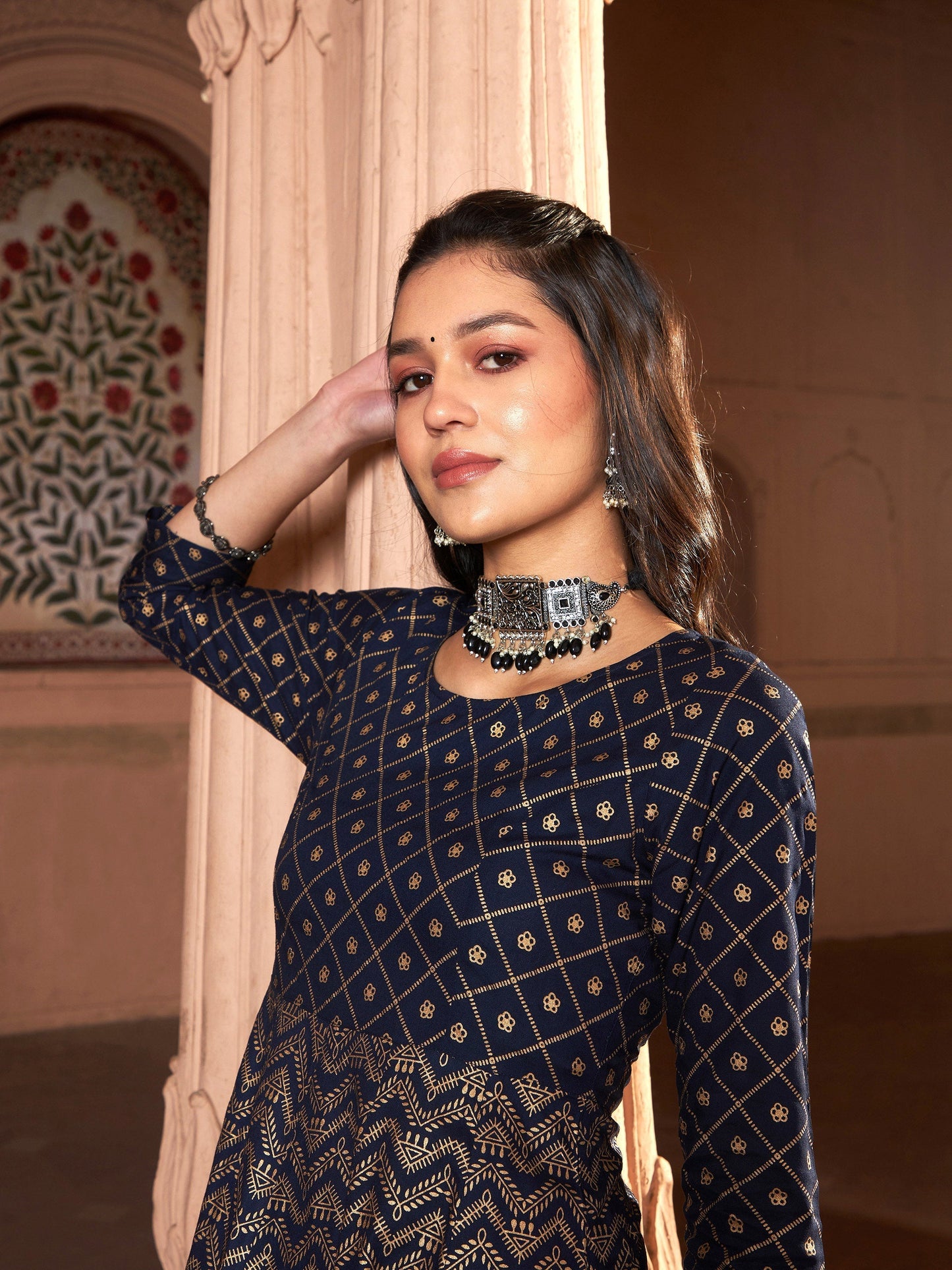 Women's Navy Chevron Foil Anarkali Kurta With Pants