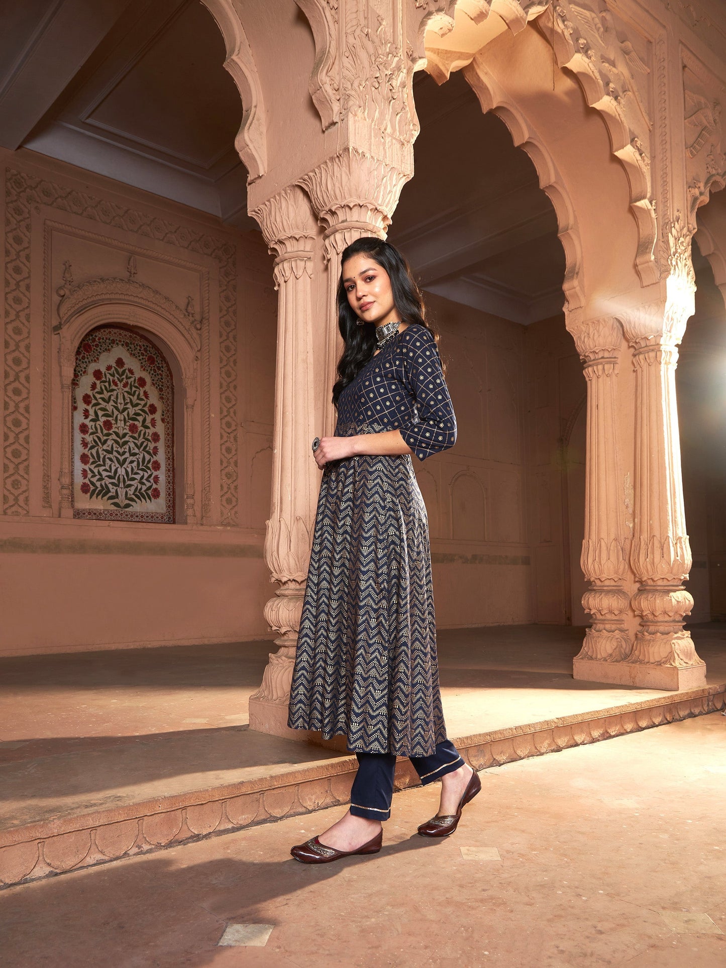 Women's Navy Chevron Foil Anarkali Kurta With Pants