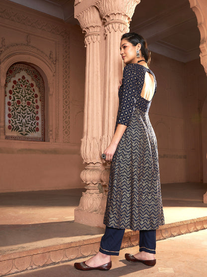 Women's Navy Chevron Foil Anarkali Kurta With Pants