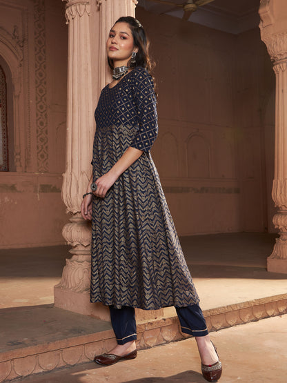 Women's Navy Chevron Foil Anarkali Kurta With Pants