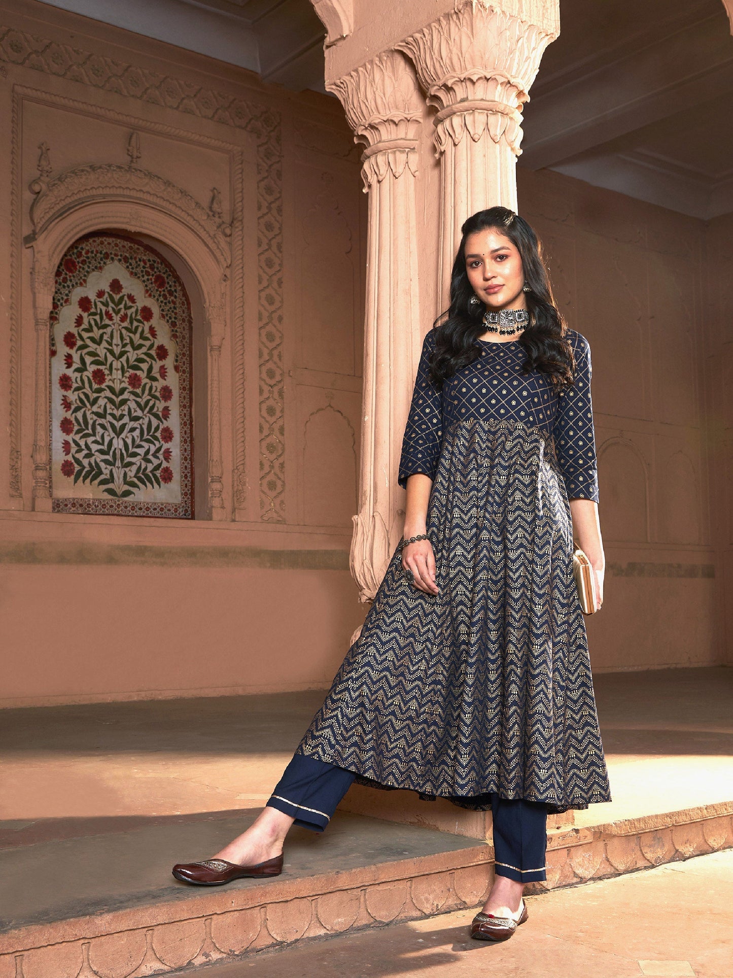 Women's Navy Chevron Foil Anarkali Kurta With Pants