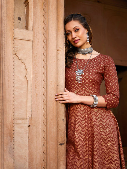 Women's Rust Chevron Foil Anarkali Kurta With Pants