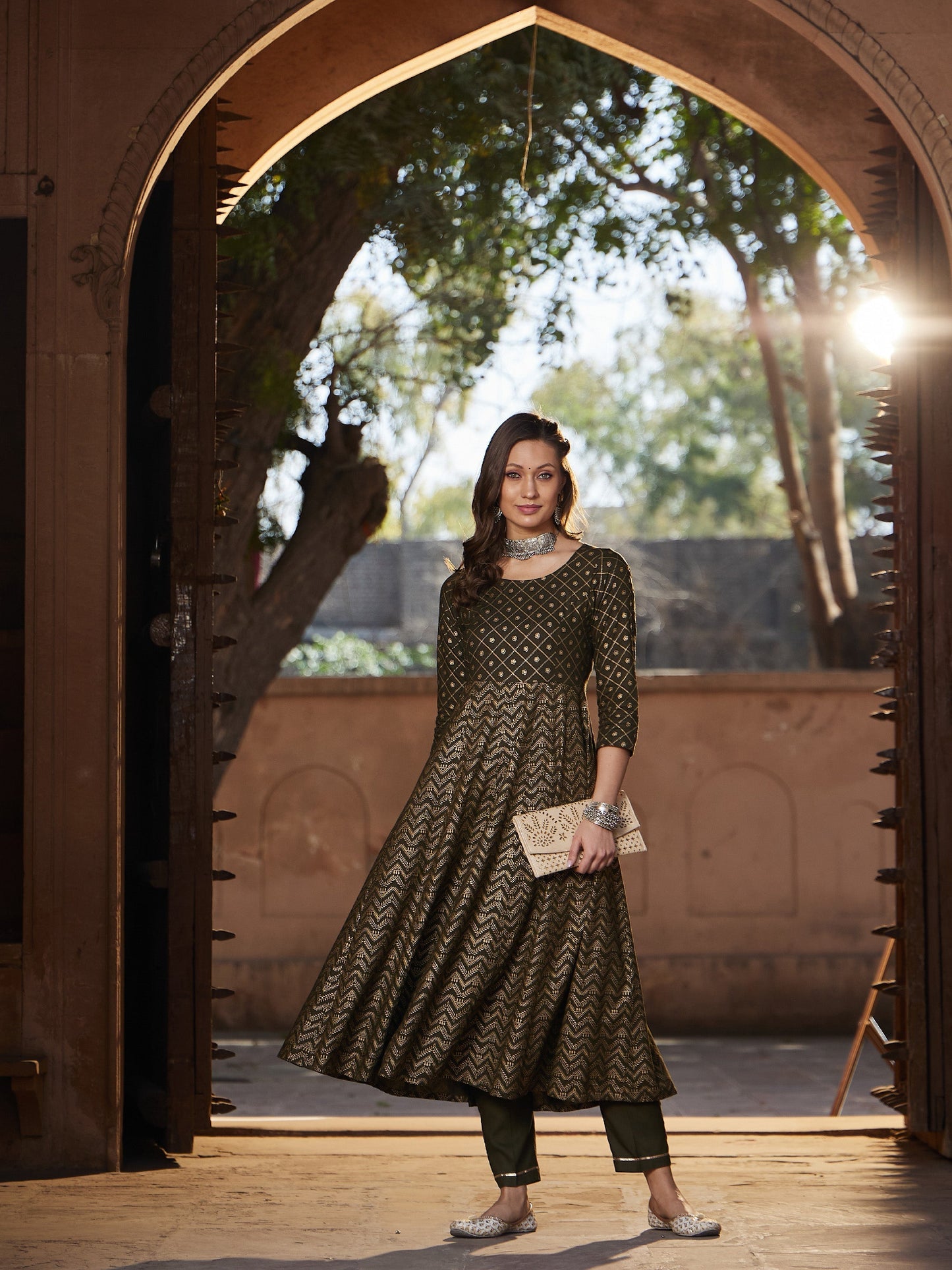 Women's Olive Chevron Foil Anarkali Kurta With Pants