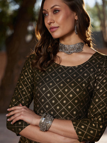 Women's Olive Chevron Foil Anarkali Kurta With Pants