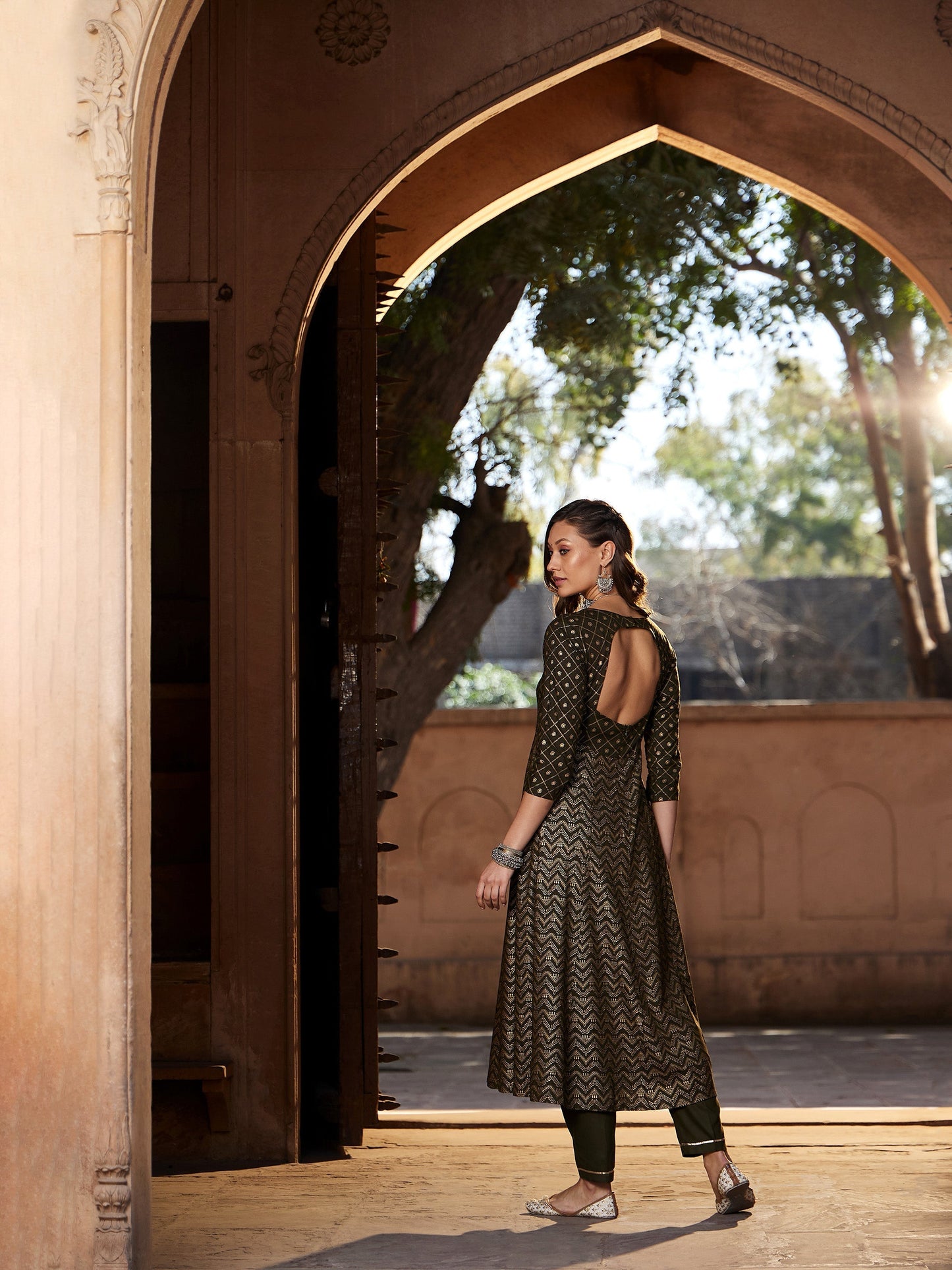 Women's Olive Chevron Foil Anarkali Kurta With Pants
