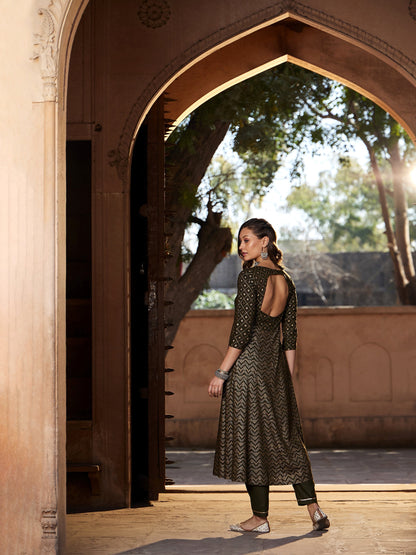 Women's Olive Chevron Foil Anarkali Kurta With Pants