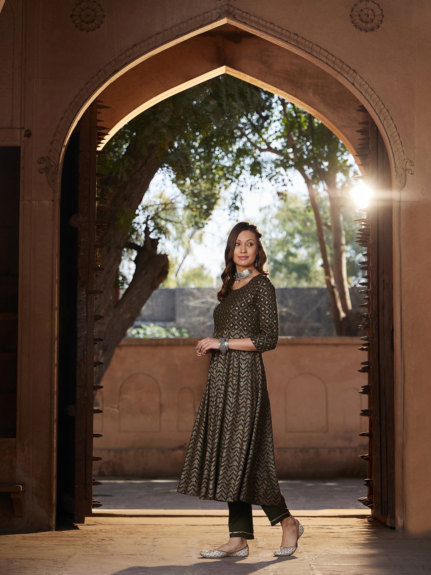 Women's Olive Chevron Foil Anarkali Kurta With Pants
