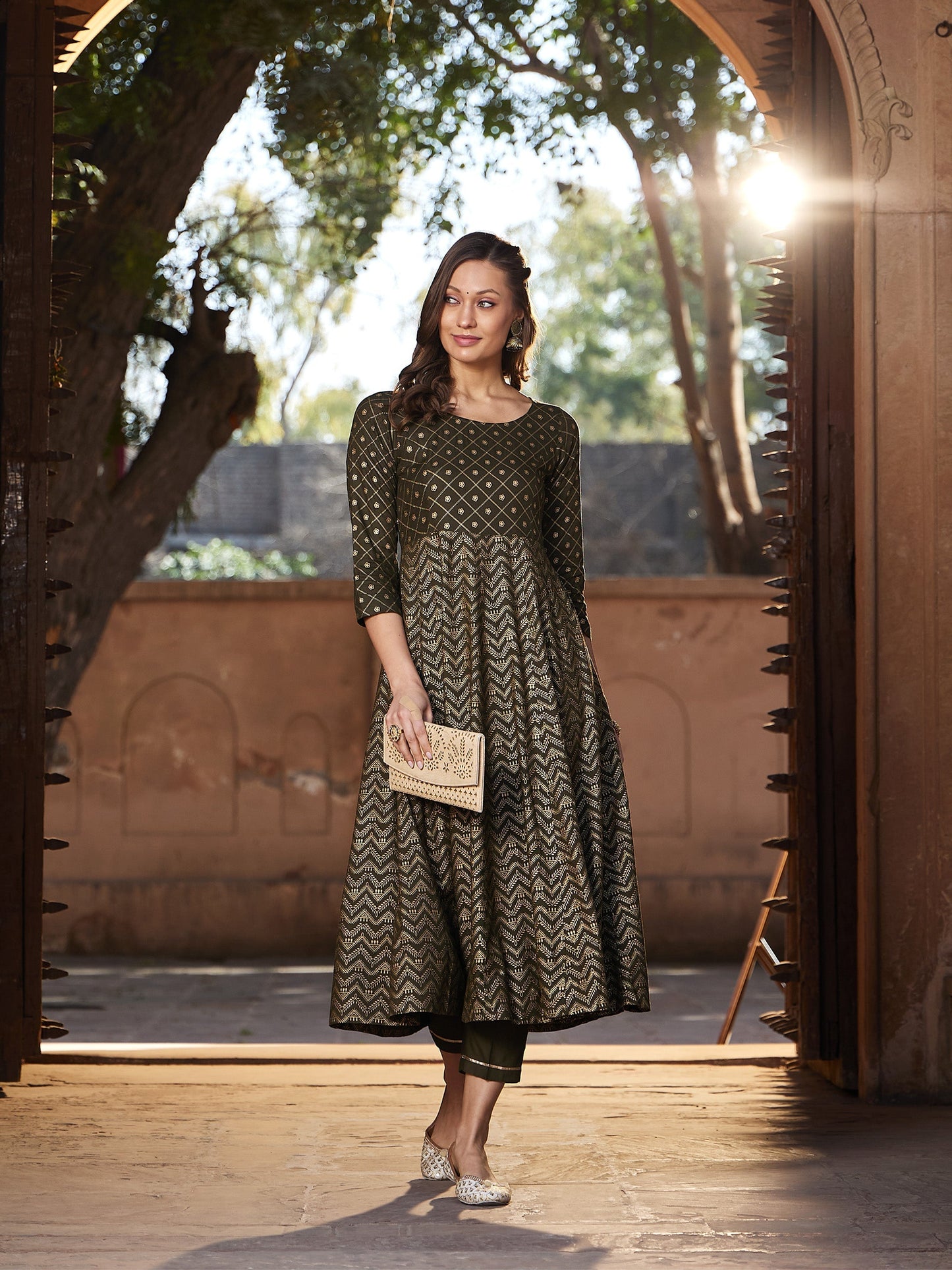 Women's Olive Chevron Foil Anarkali Kurta With Pants