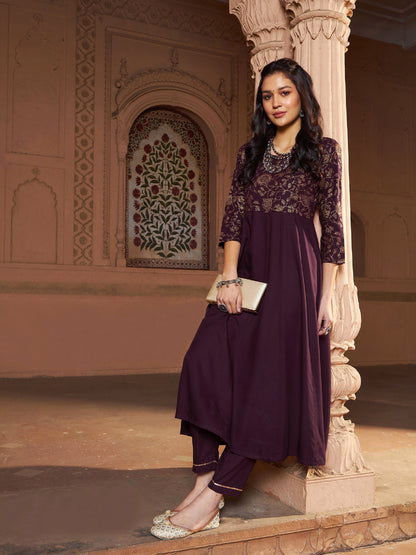 Women's Burgundy Floral Bodice Foil Anarkali Kurta With Pants