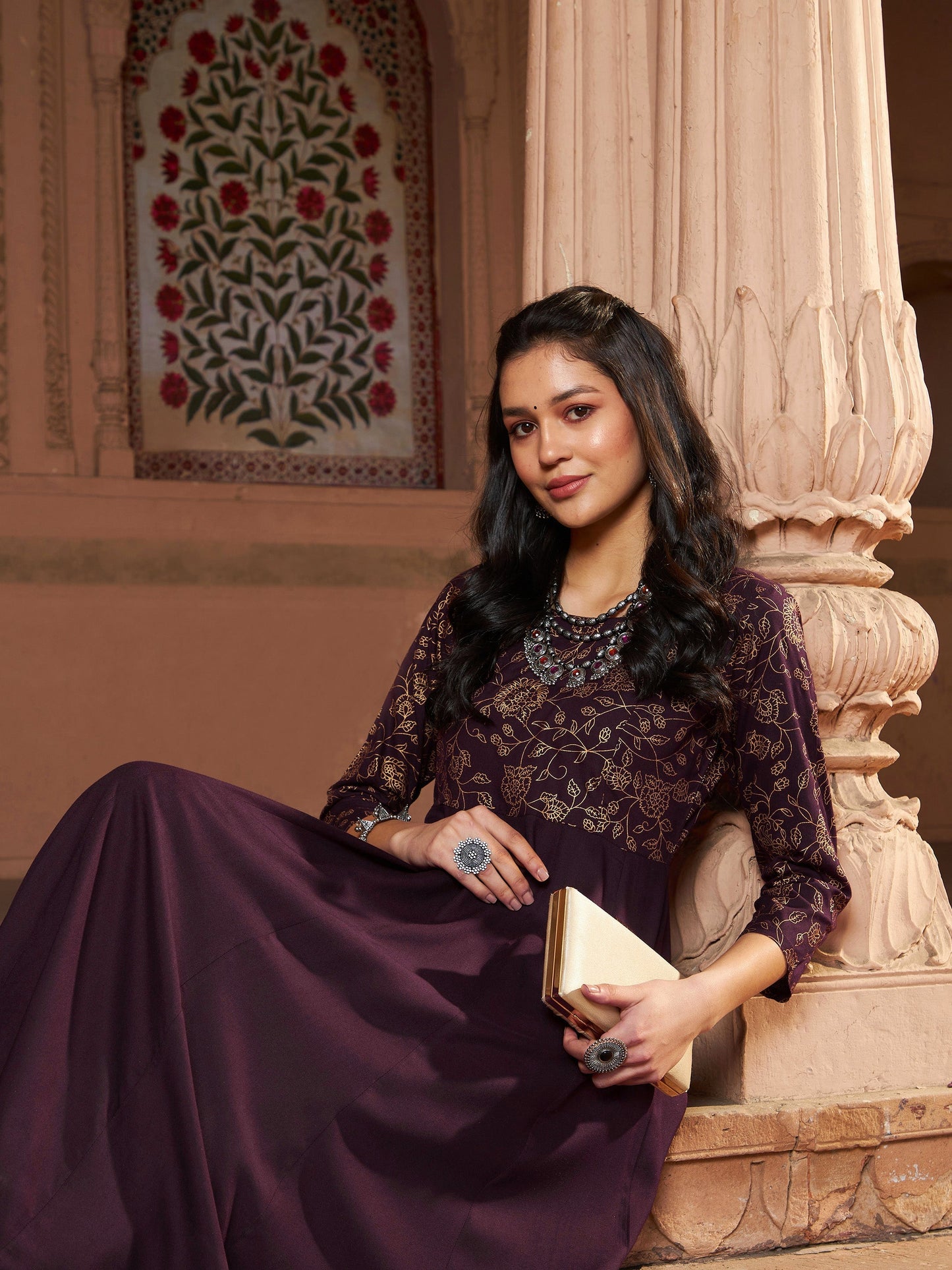 Women's Burgundy Floral Bodice Foil Anarkali Kurta With Pants
