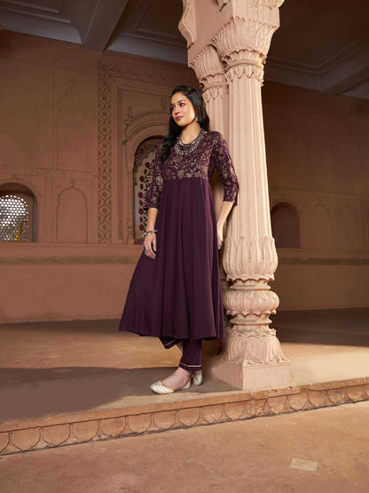 Women's Burgundy Floral Bodice Foil Anarkali Kurta With Pants