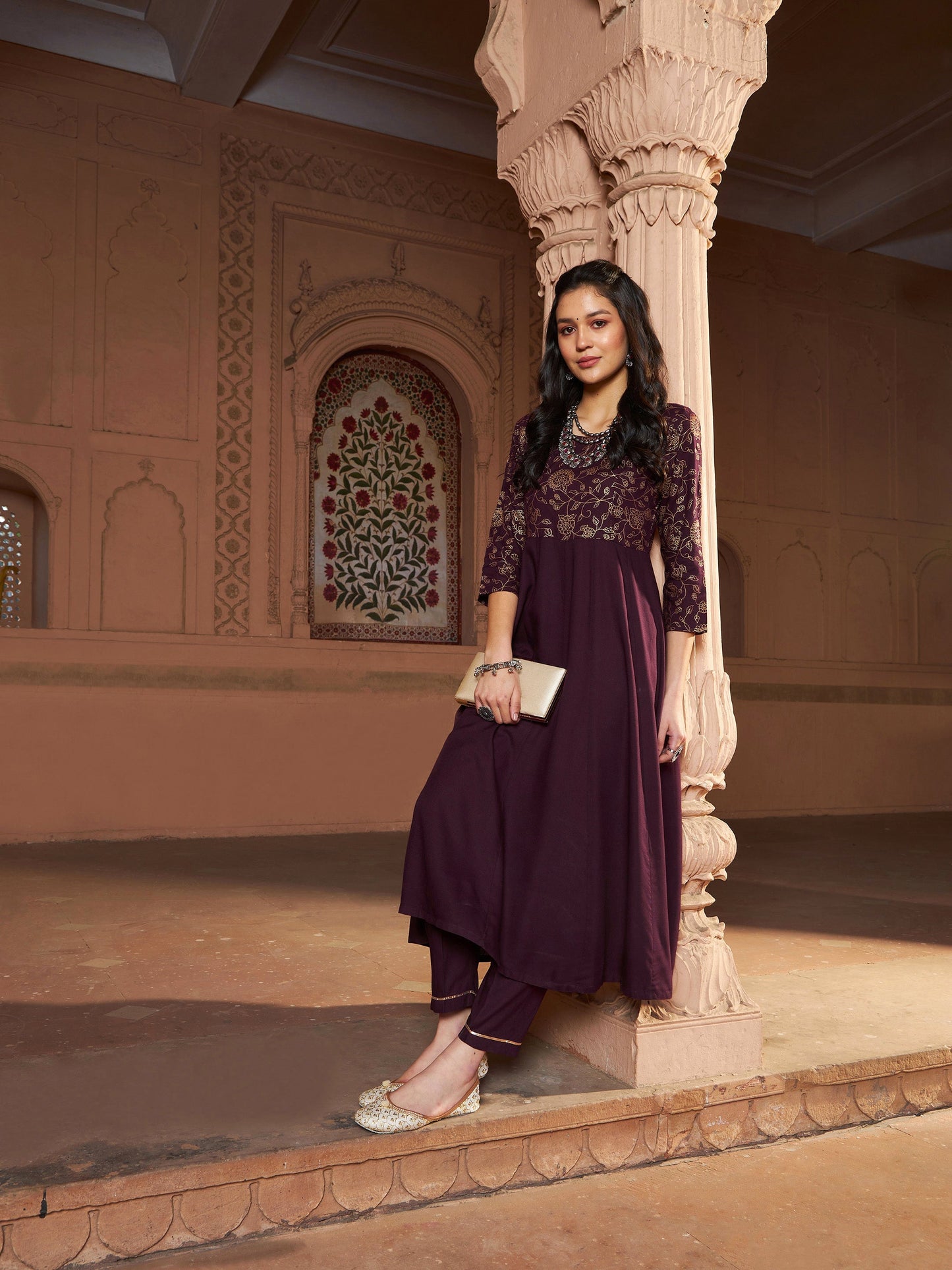 Women's Burgundy Floral Bodice Foil Anarkali Kurta With Pants