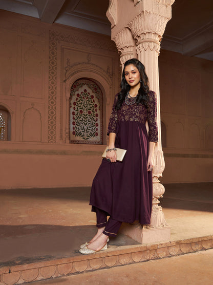 Women's Burgundy Floral Bodice Foil Anarkali Kurta With Pants