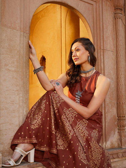 Women's Rust Kali Foil Sleeveless Anarkali Kurta With Pants