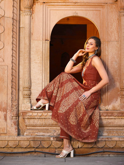 Women's Rust Kali Foil Sleeveless Anarkali Kurta With Pants