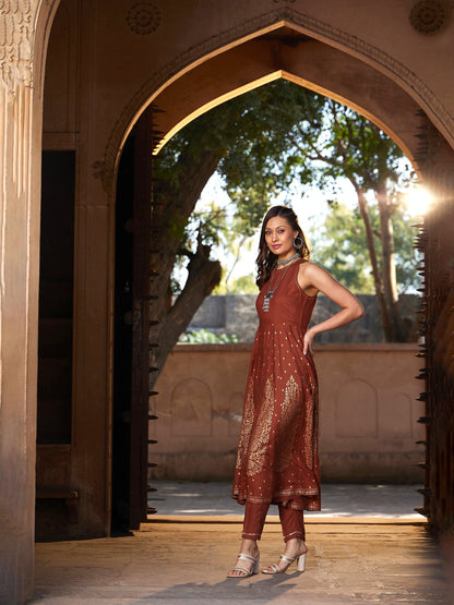 Women's Rust Kali Foil Sleeveless Anarkali Kurta With Pants
