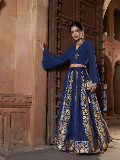 Women's Navy Wrap Tie Back Crop Top With Foil Print Skirt