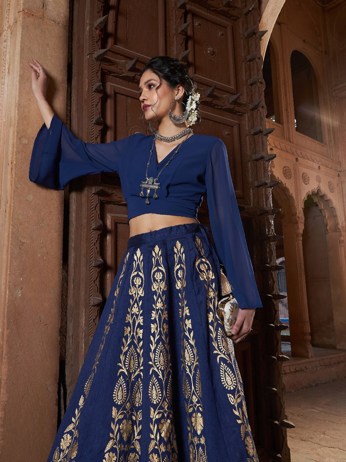 Women's Navy Wrap Tie Back Crop Top With Foil Print Skirt