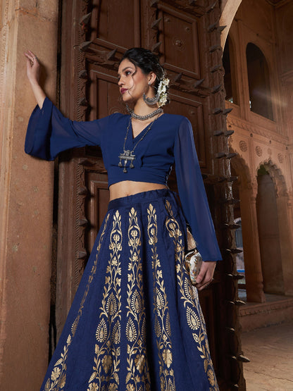 Women's Navy Wrap Tie Back Crop Top With Foil Print Skirt