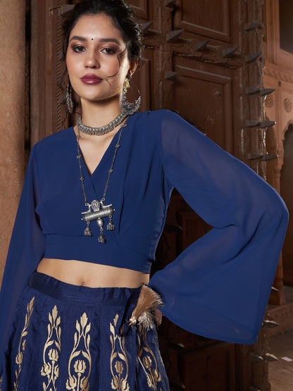 Women's Navy Wrap Tie Back Crop Top With Foil Print Skirt