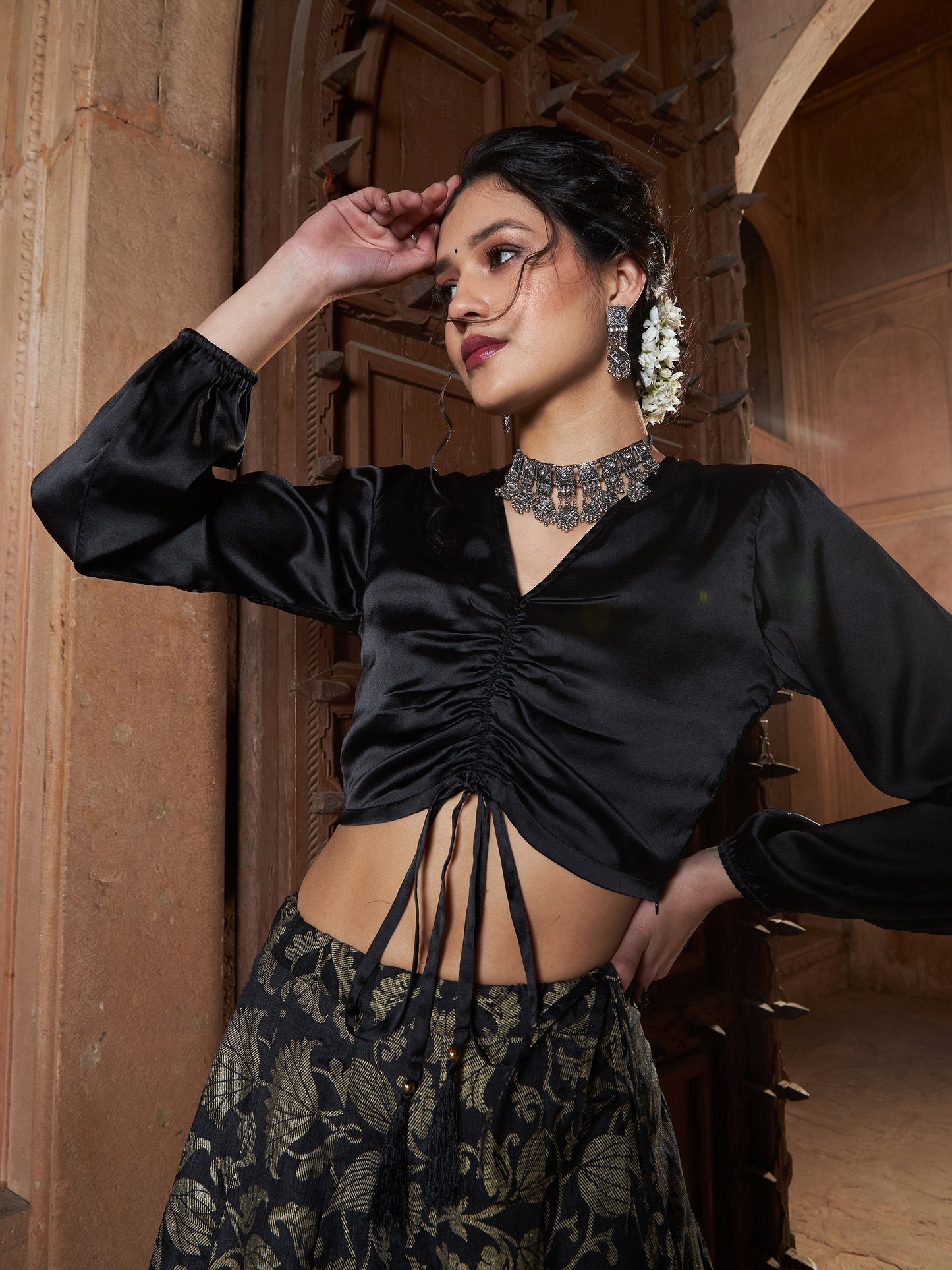 Women's Black Satin Ruched Crop Top With Brocade Skirt