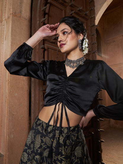 Women's Black Satin Ruched Crop Top With Brocade Skirt